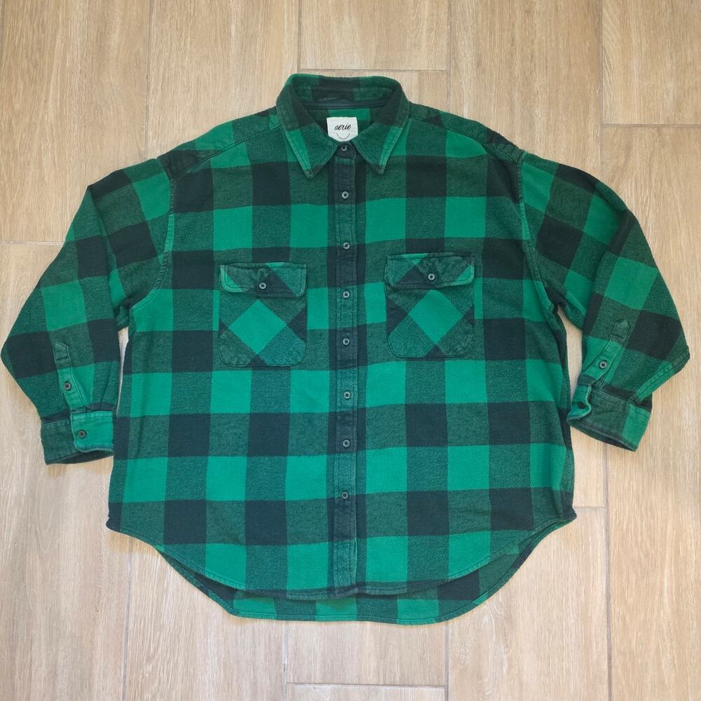 Aerie Oversized Flannel Shirt Womens L Green Black Buffalo Plaid Button Up